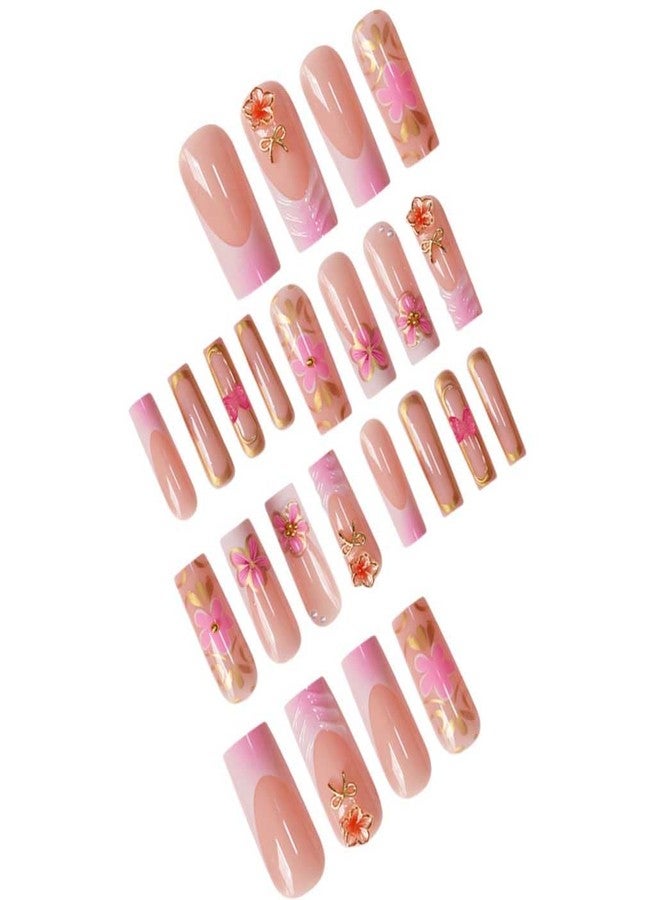 Foccna Pink Press on Nails Artificail Long, French Square Fake Nails, 3D Flowers Acrylic for Women Reusable Nail Kit,24pcs, Gorgeous Nails - Image 2